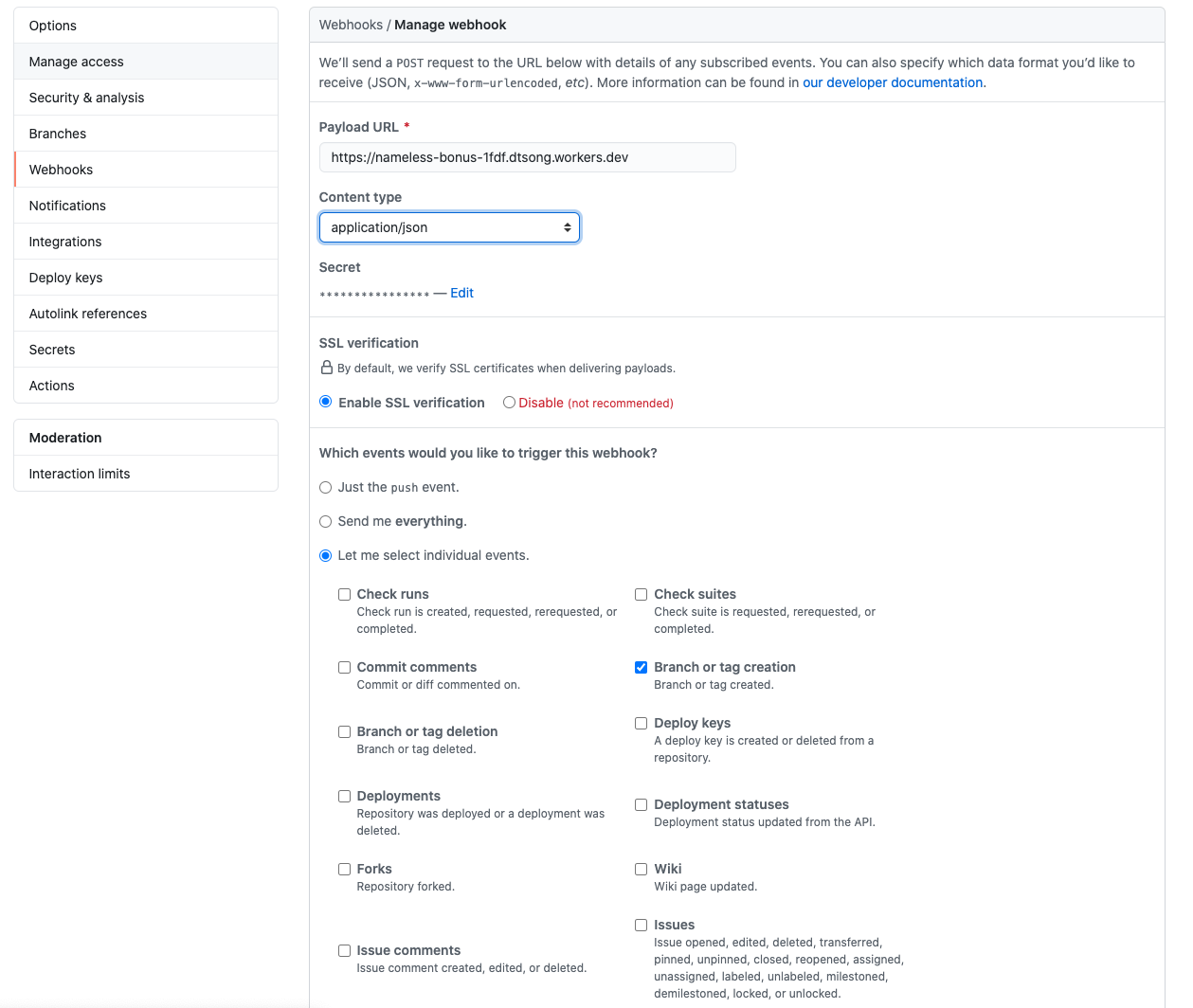 Following instructions to set up your webhook in the GitHub webhooks settings dahsboard