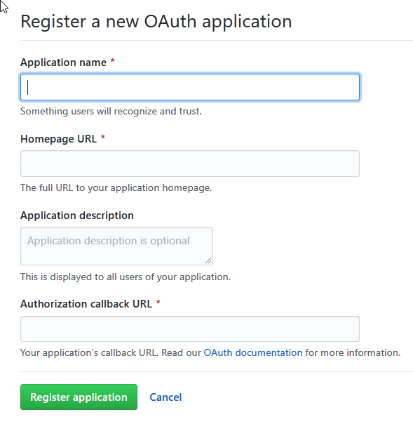 GitHub Register a new OAuth application window without any form fields completed