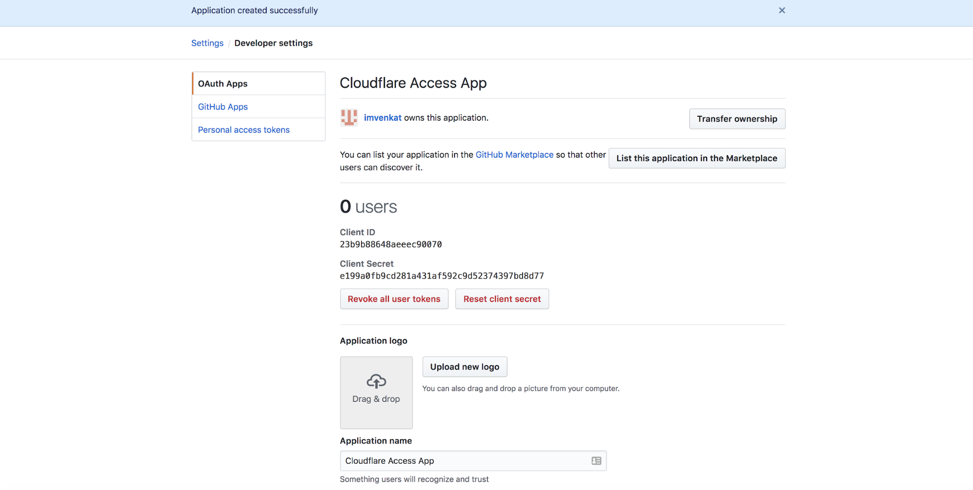 GitHub Cloudflare Access App showing Client ID and Client secret
