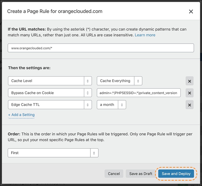 The Create a Page Rule dialog with settings to instruct Cloudflare to cache static HTML, the Bypass Cache on cookie rule instructing Cloudflare not to cache HTML while static images and other files are still cached, and the Edge Cache TTL set to a month.