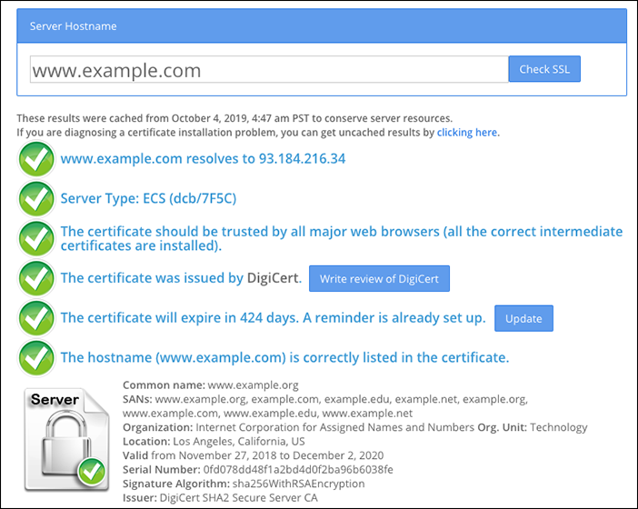 오류가 없는 SSL 인증서가 표시된 화면