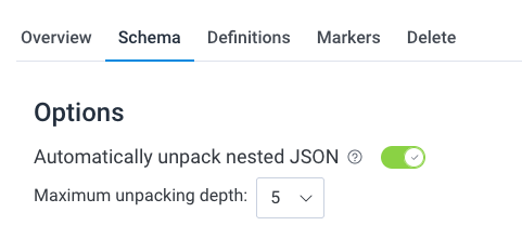 Follow the instructions above to toggle on Automatically unpack nested JSON and set the Maximum unpacking depth option to 5 in the Honeycomb dashboard