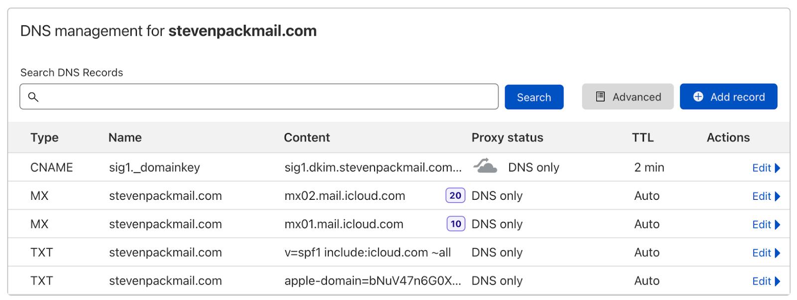 Your iCloud custom email domain should have a specific set of records created by default.