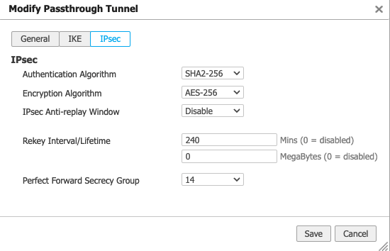 Modify Passthrough Tunnel dialog with IPsec values
