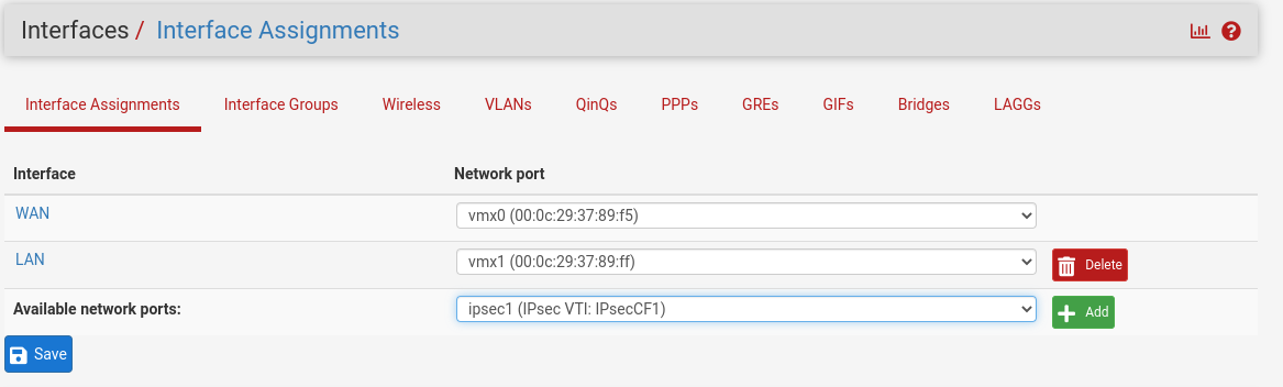 pfSense interface assignment settings for route based configuration