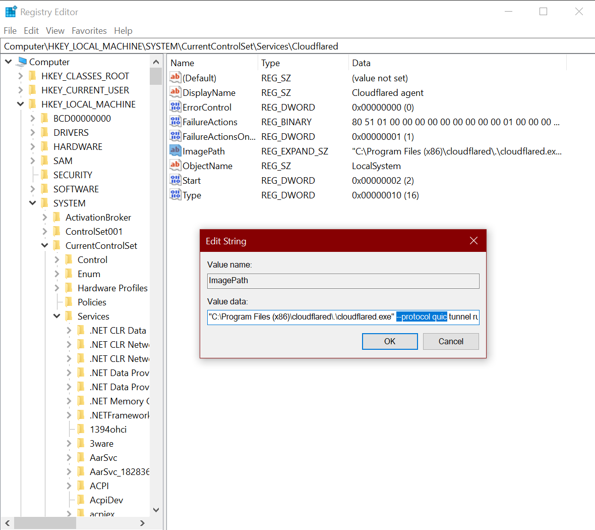 Modify cloudflared service in the Registry Editor