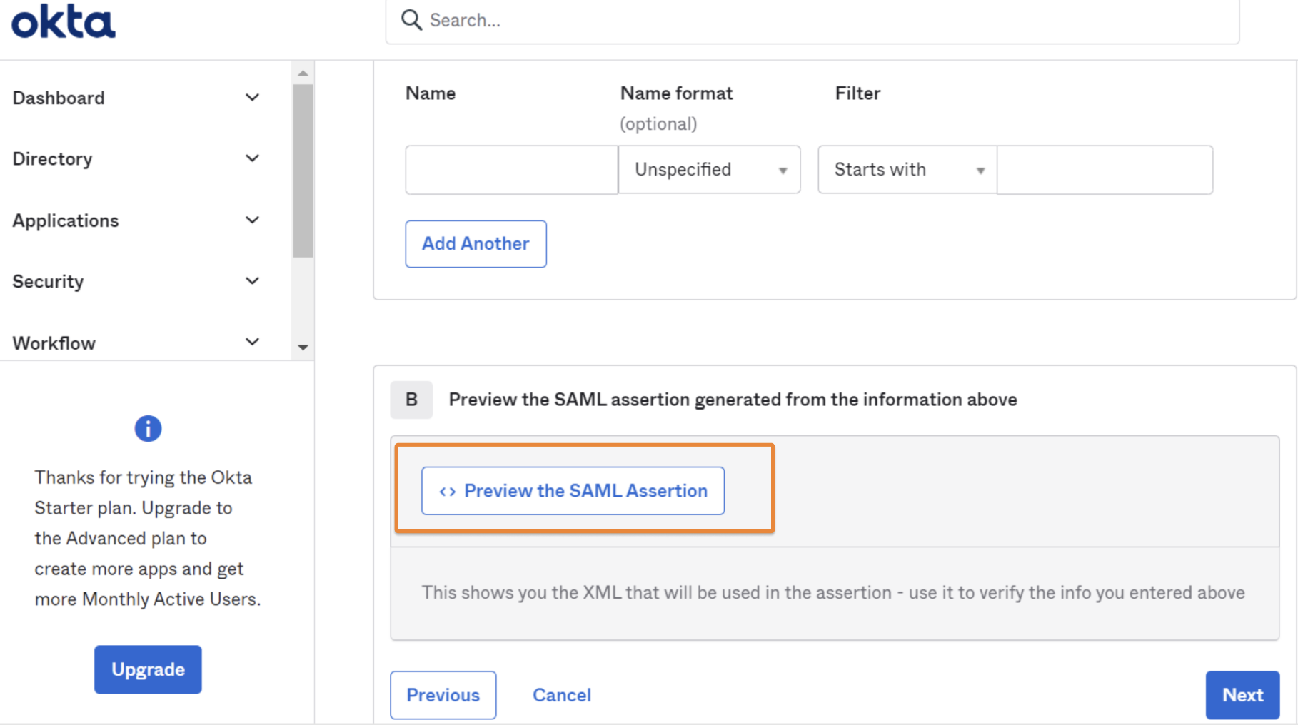Preview the SAML assertion from the Okta dashboard