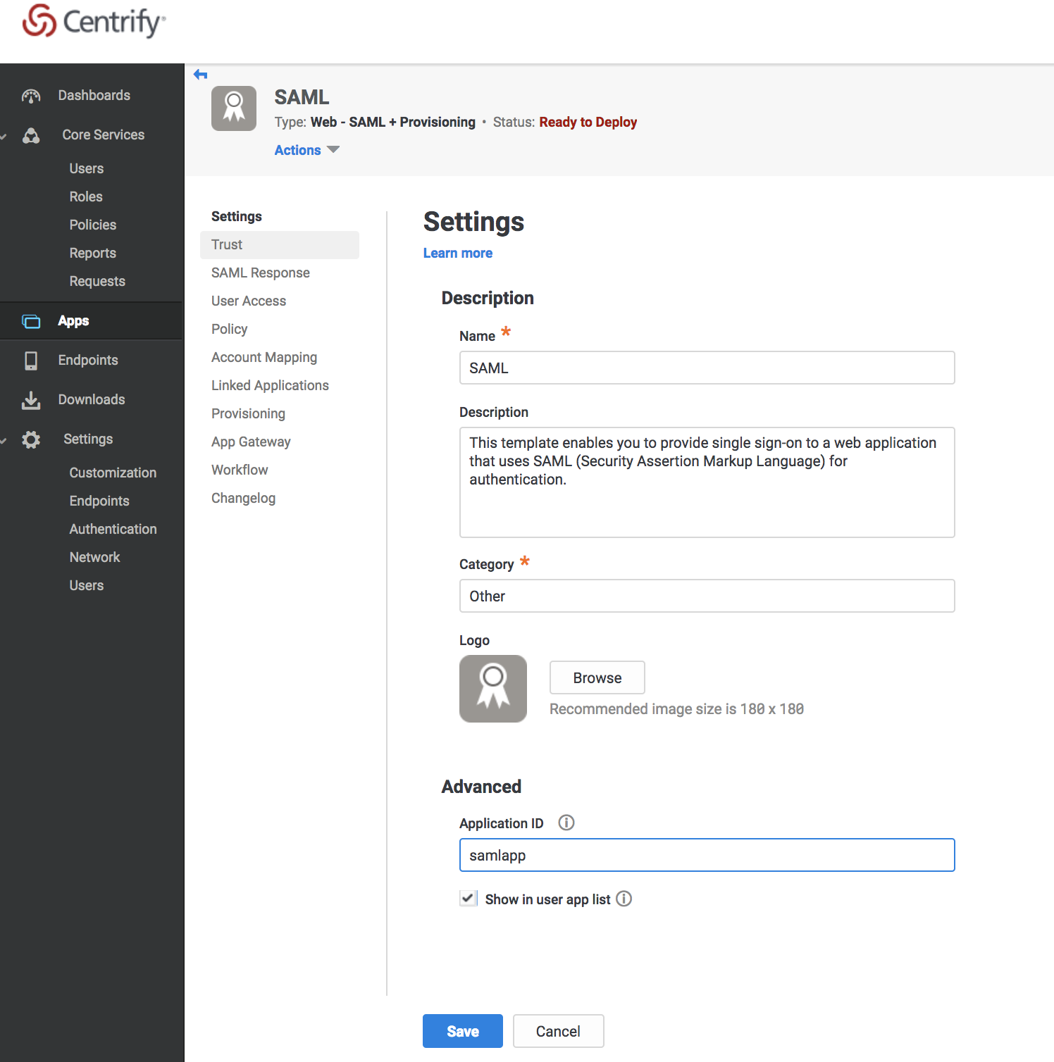 Centrify Settings Add Application details page with template text