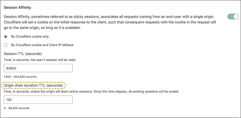 Example configuration of session affinity with origin drain