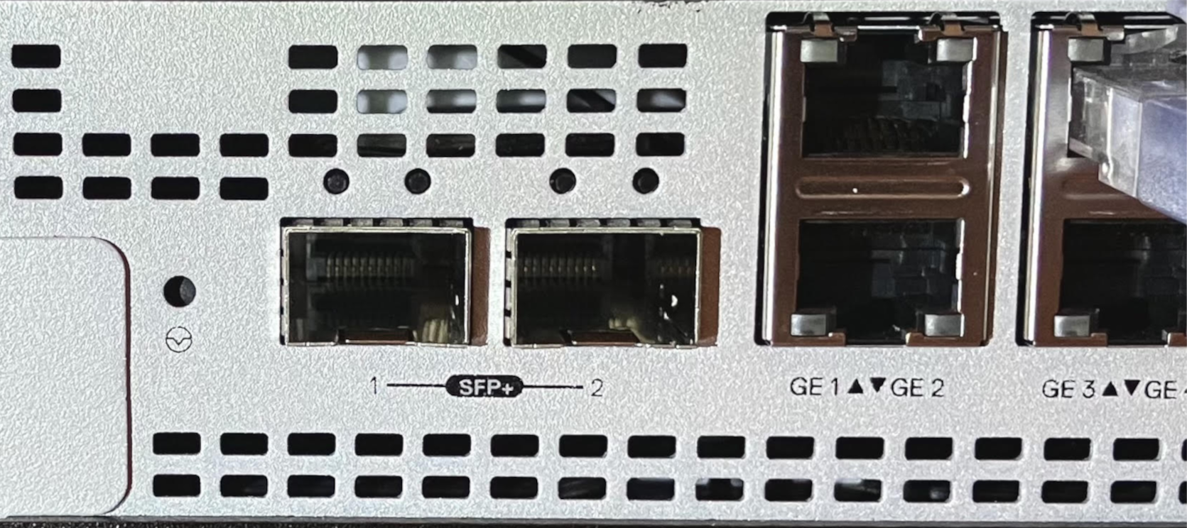 The left port, SFP+ 1, is port 7. The right port, SFP+ 2, is port 8.