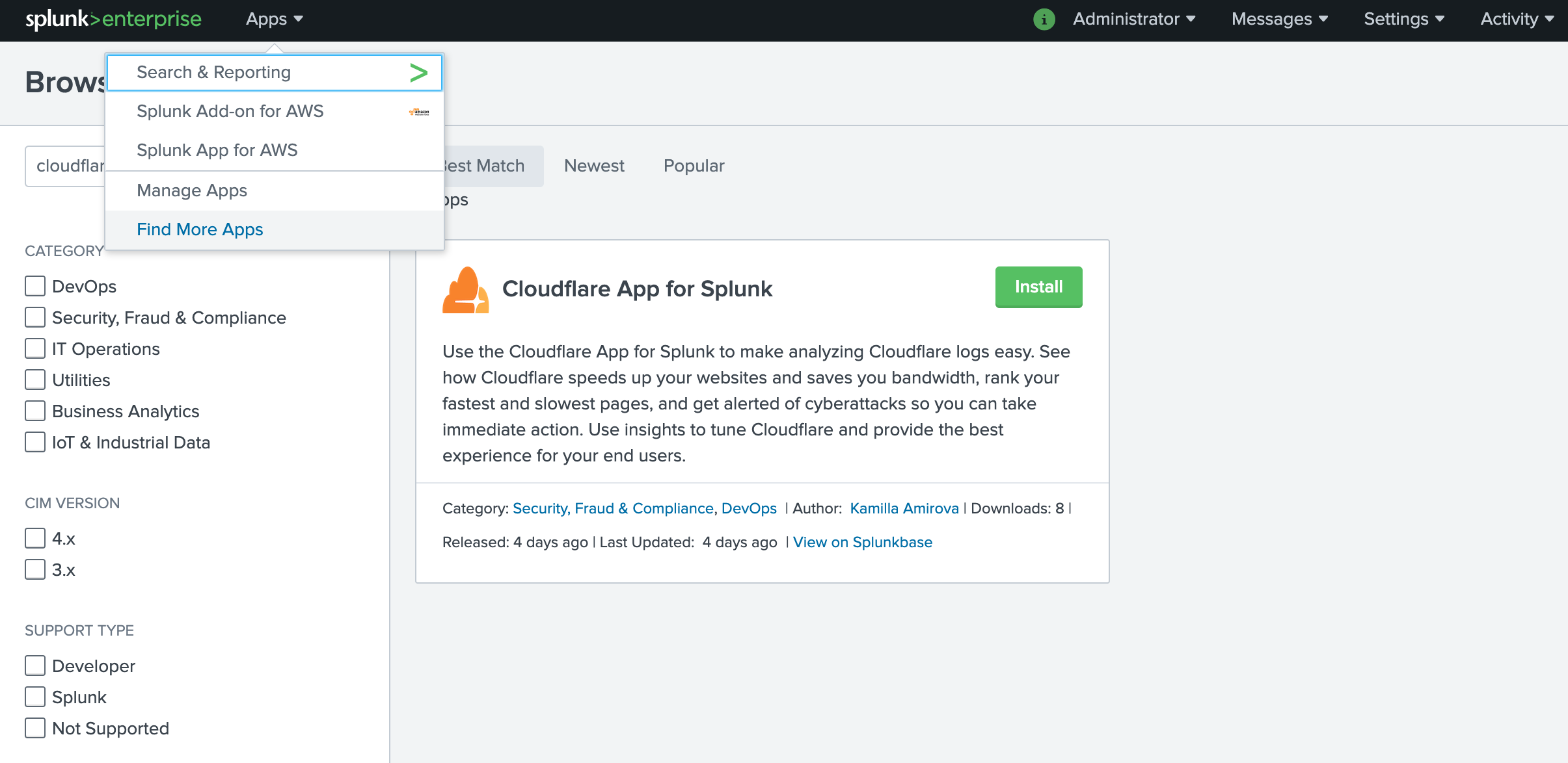 Splunk website with Apps menu expanded and Search &amp; Reporting menu item along with Cloudflare App for Splunk