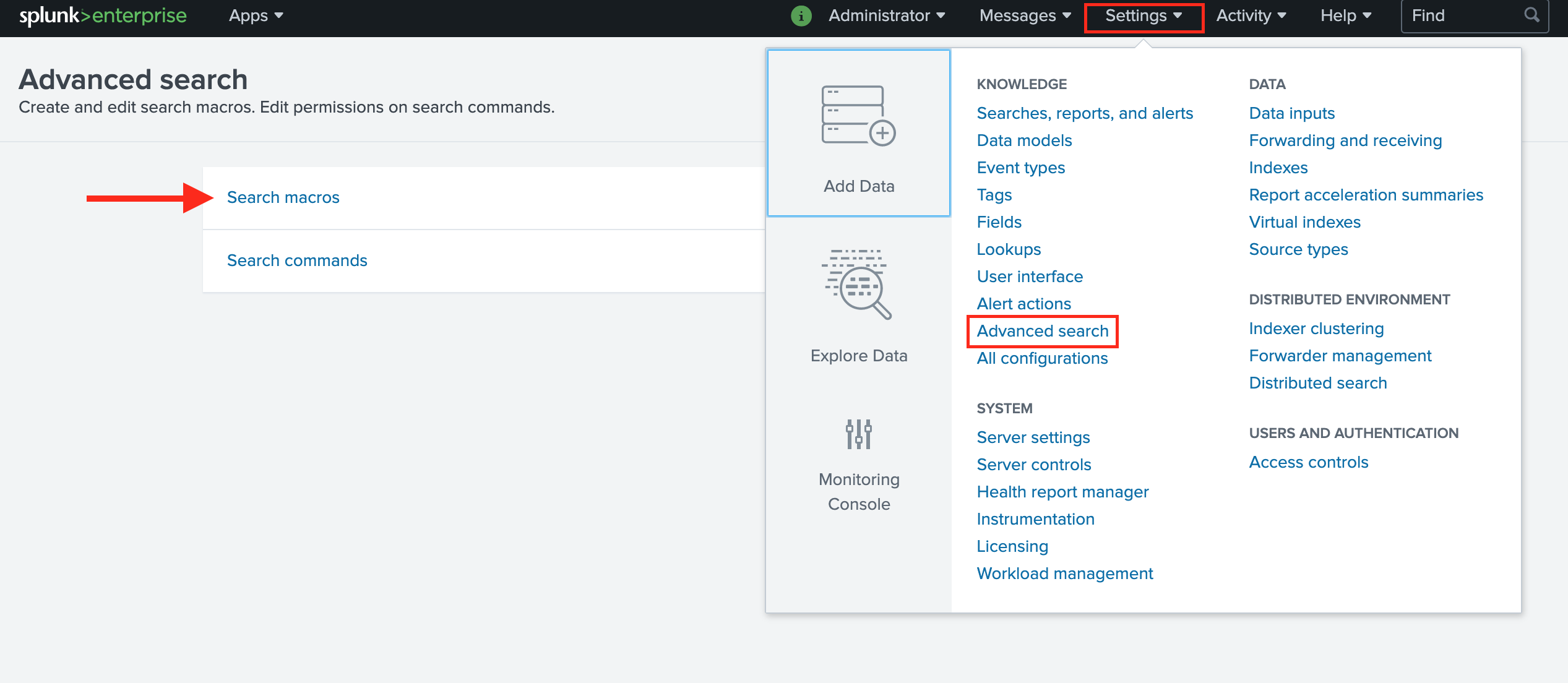 Splunk interface highlighting Apps menu and Manage Apps option along with Enable Acceleration checkbox