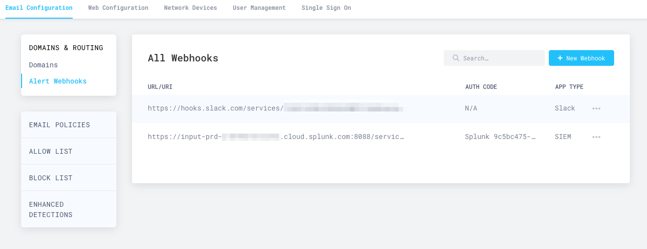 The All Webhooks section will show your Splunk webhook