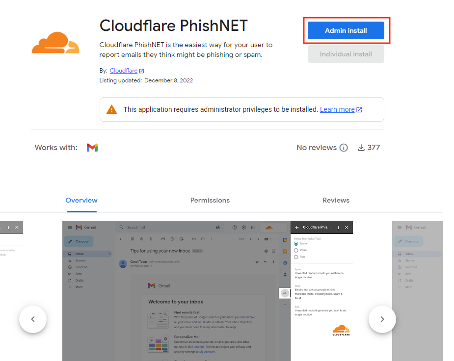 Select Admin install to start installing Cloudflare PhishNet