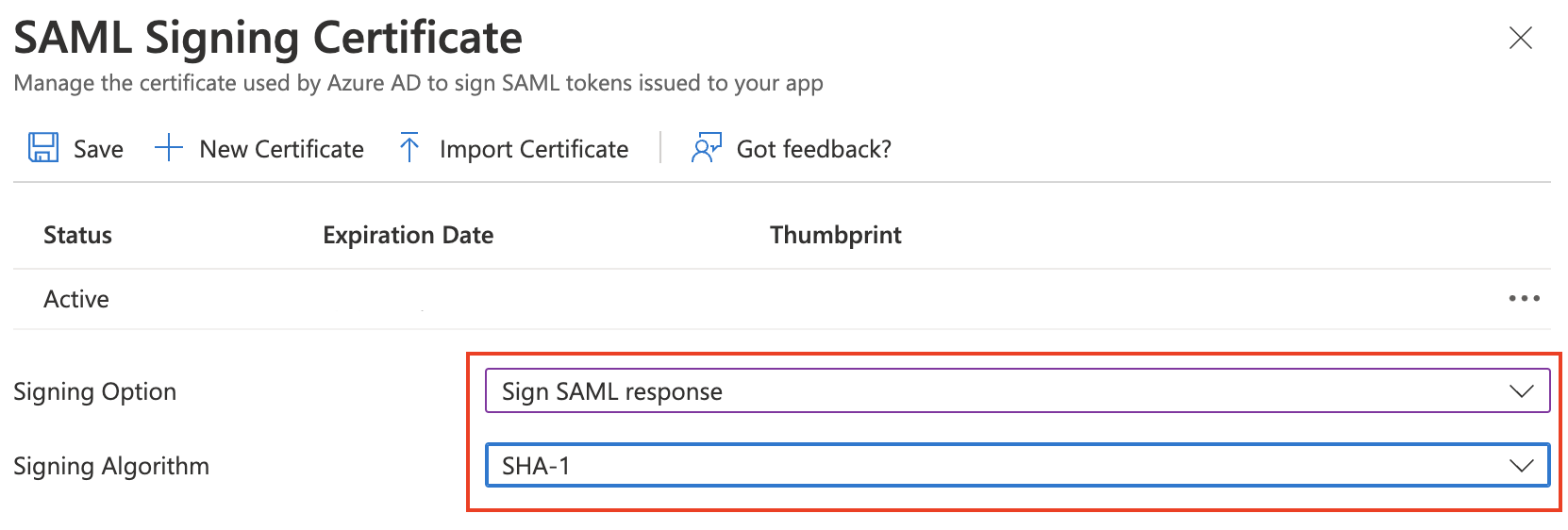 Select Sign SAML response and SHA-1 from the menu