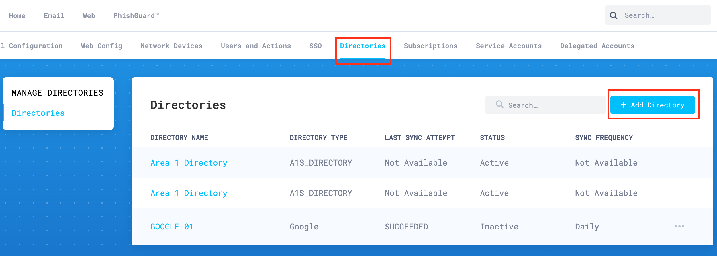 Go to Directories in the dashboard of Area 1, and then select Add Directory to start the authorization process