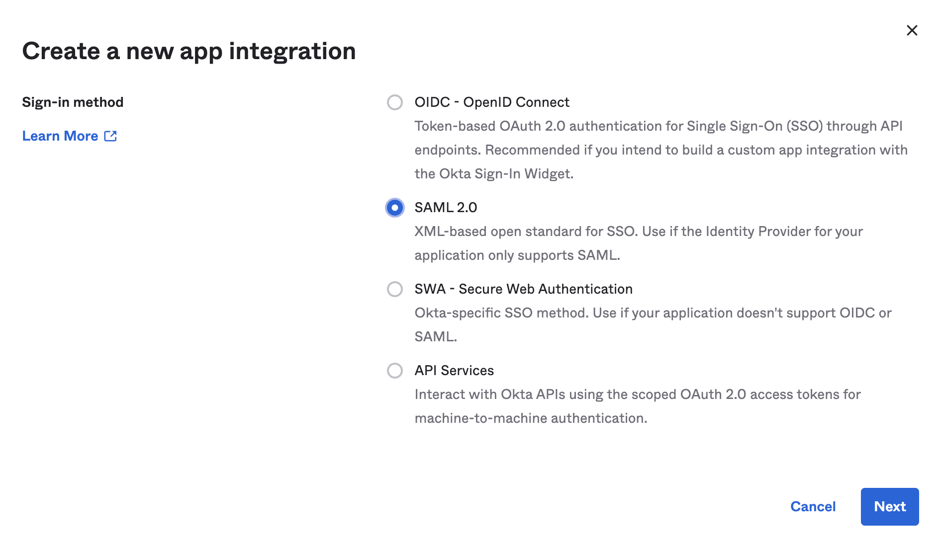 Choose SAML 2.0 as the new app integration type