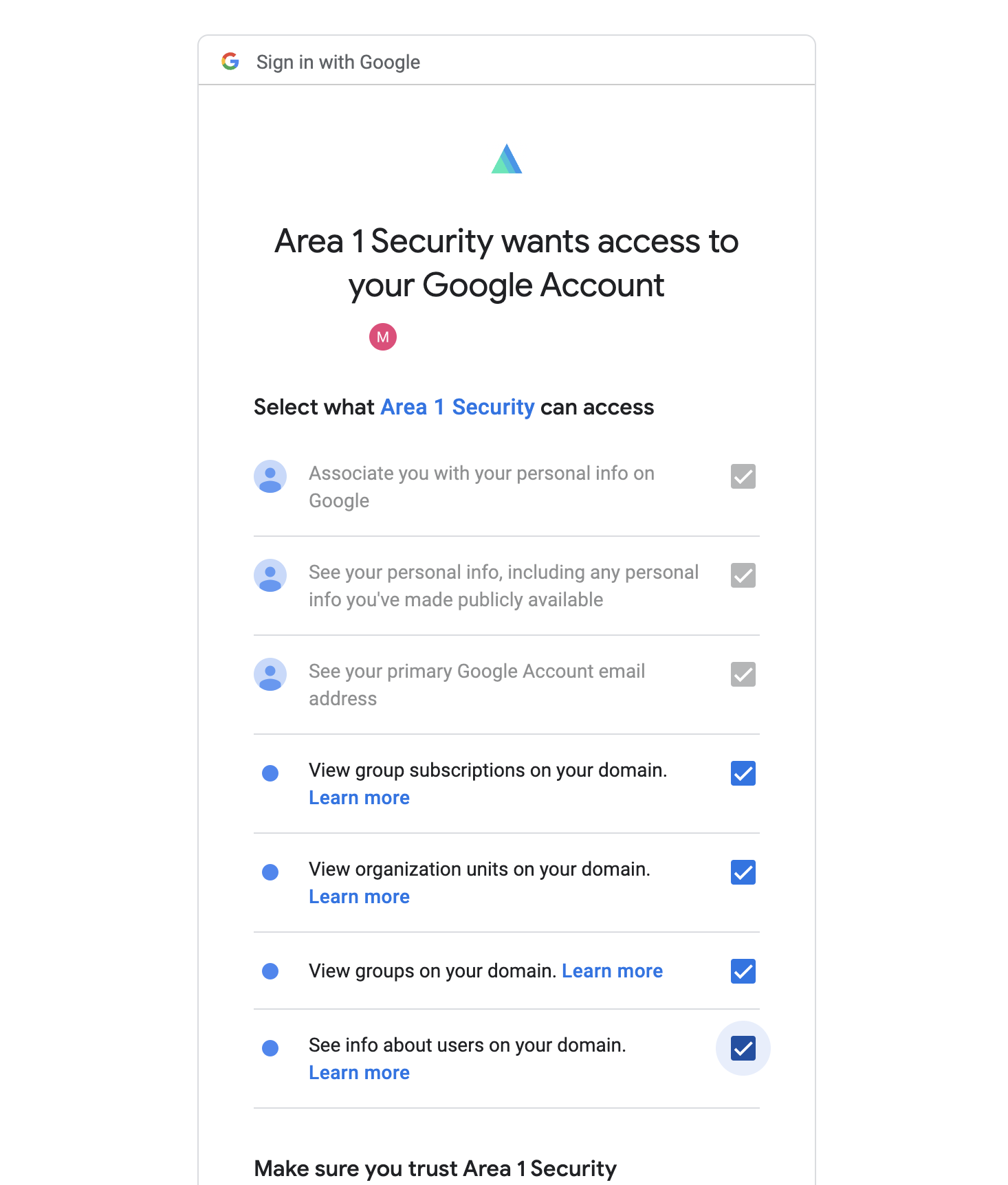 Select all the settings to authorize Google