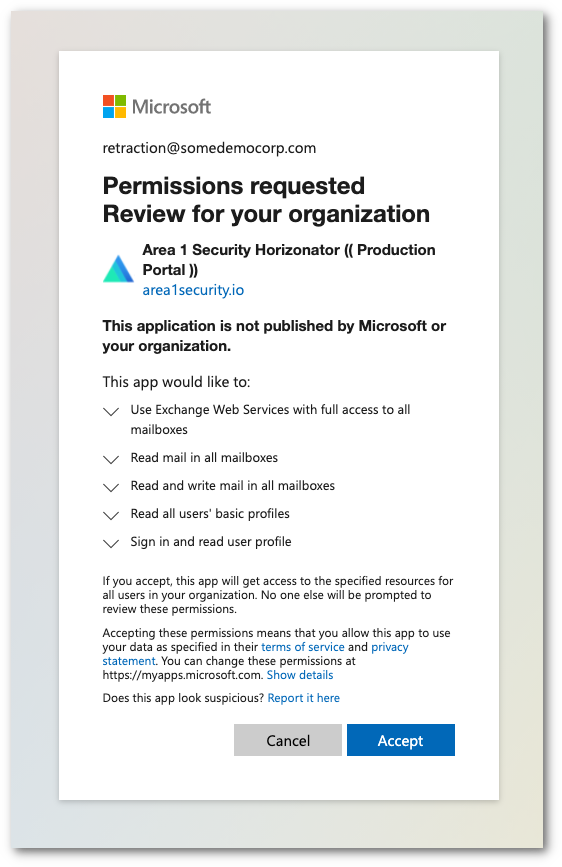 Select Accept to authorize Cloud Email Security in Office 365