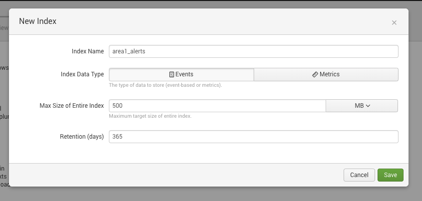Optionally, create a new index for Area 1 events