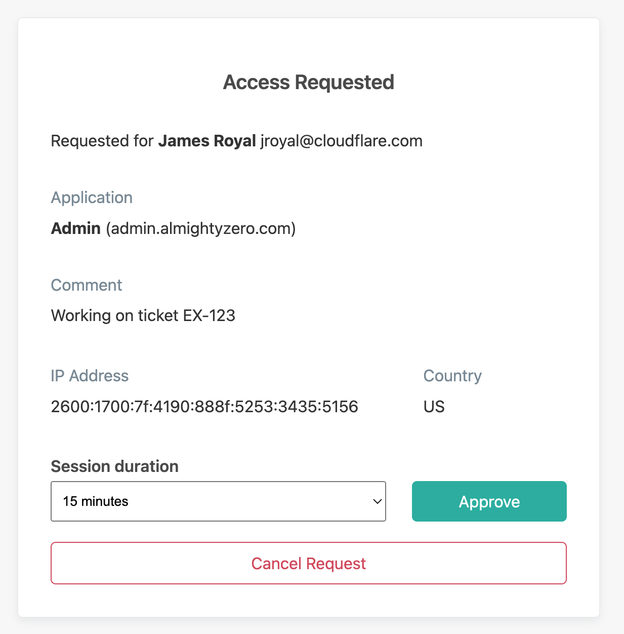 Temporary authentication approval page shown to administrators