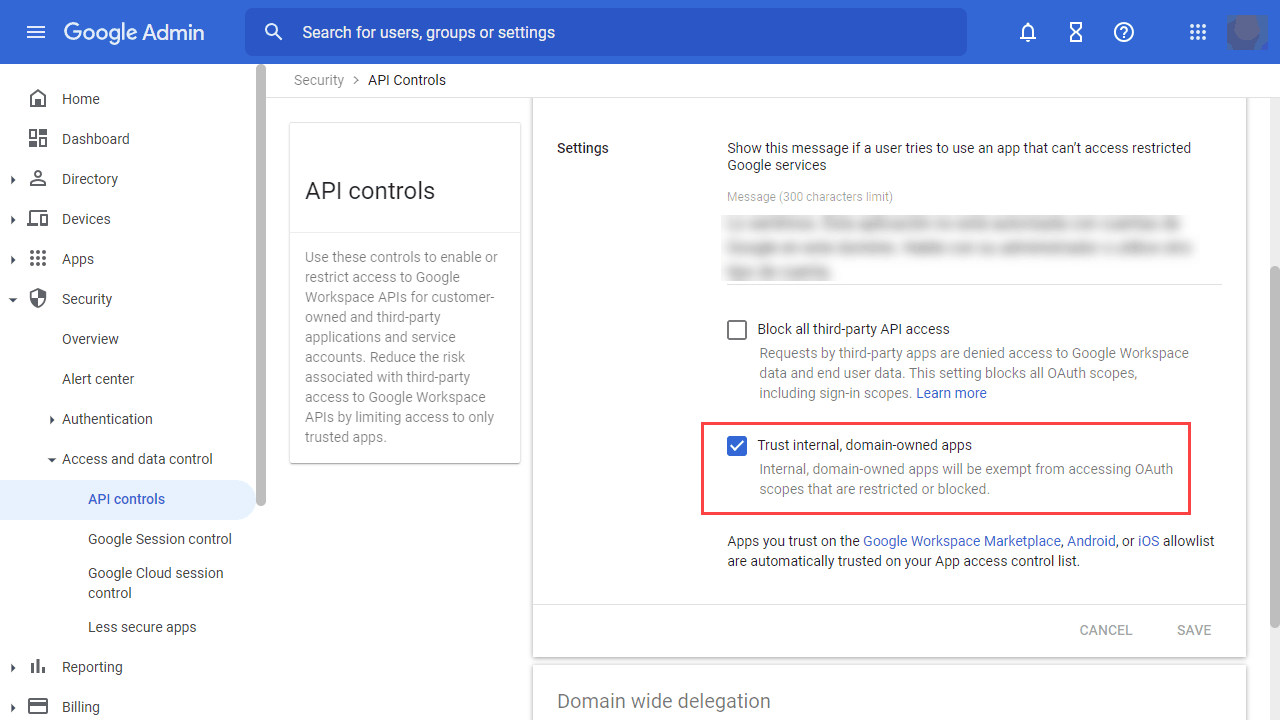 Location of Trust internal apps setting in the Google Admin dashboard