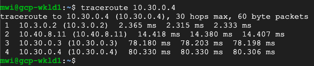 Traceroute example for verifying east-west traffic