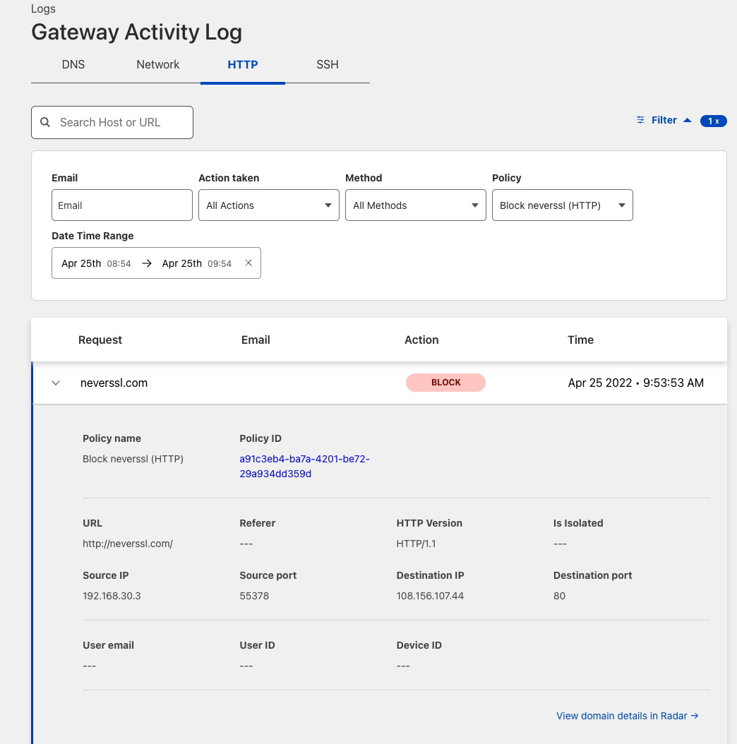 A blocked log from Gateway Activity Log in the Cloudflare dashboard