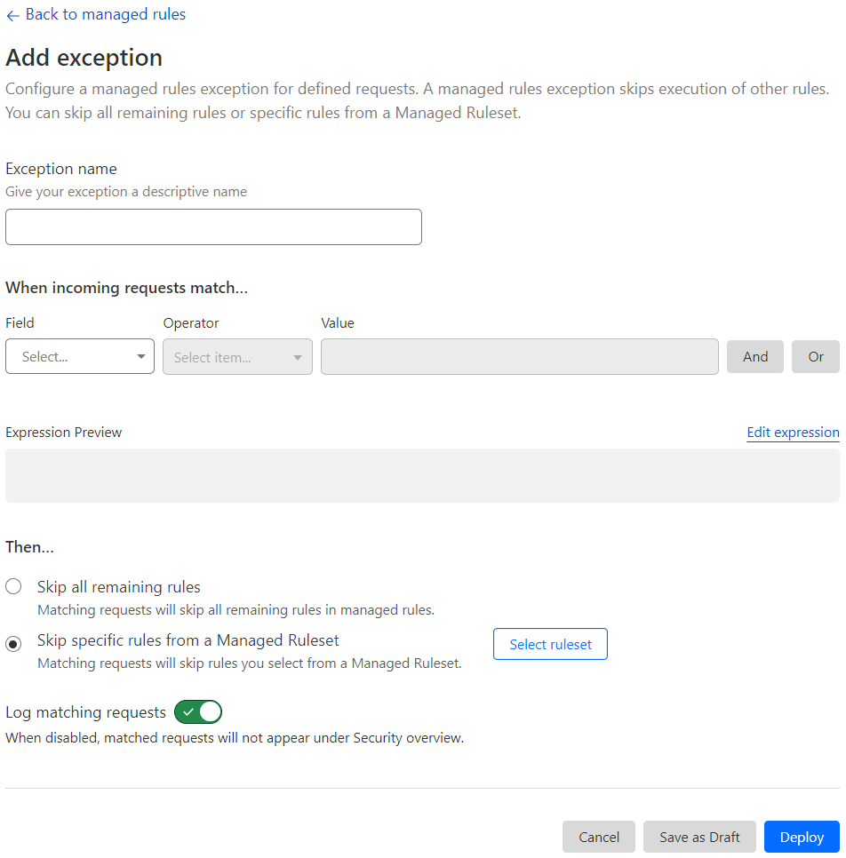 The Add exception page in the Cloudflare dashboard