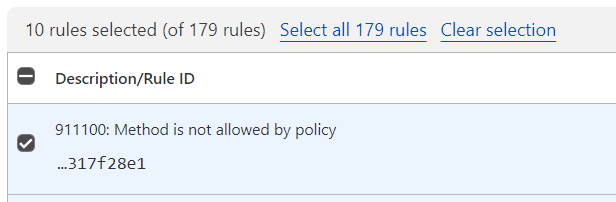 Rule selection page showing the option to select all the rules in the ruleset