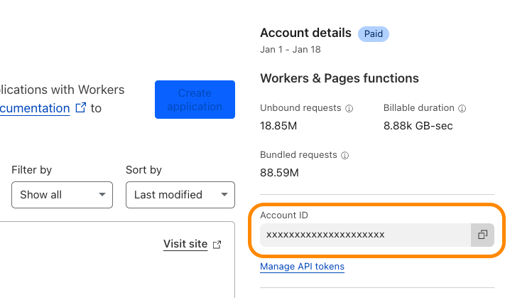 Screenshot of the Workers &amp; Pages Overview page with the account ID section highlighted