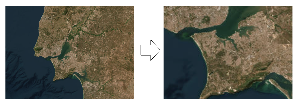 The image on the left shows a satellite view from OpenStreetMap. On the right, the same image is zoomed in. In these two images, each pixel represents the same area; however the image on the right has many fewer pixels.