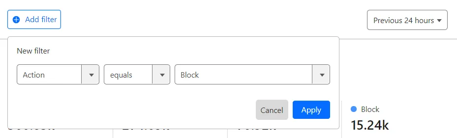 Example of adding a new filter in Security Events for the Block action