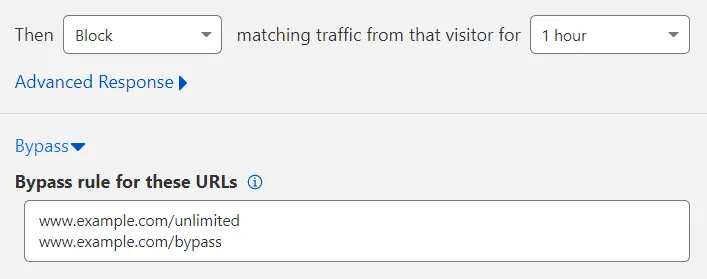 Configuring two URLs to bypass for a rate limiting rule (one per line).