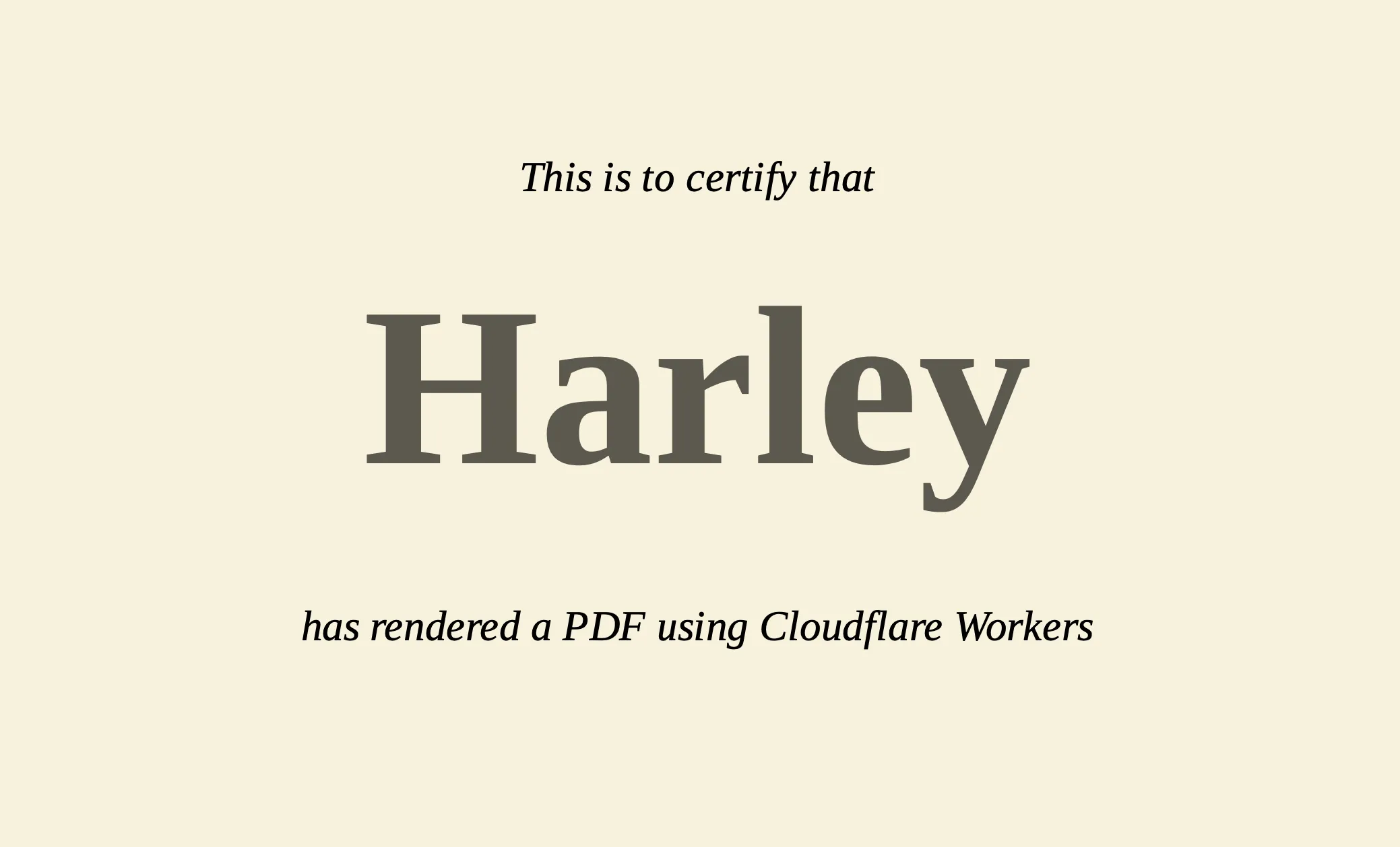 A screenshot of a generated PDF, with the author's name shown in a mock certificate.