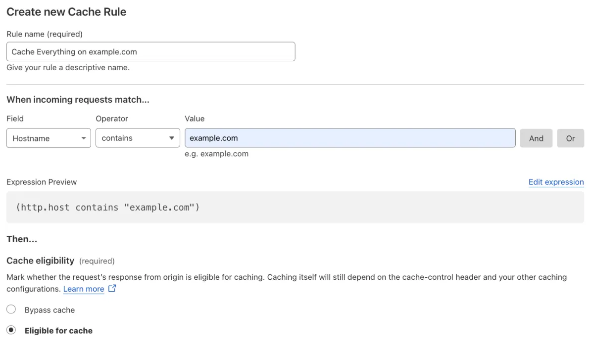 Cache rule matching the 'Cache Level: Cache Everything' setting of the example Page Rule