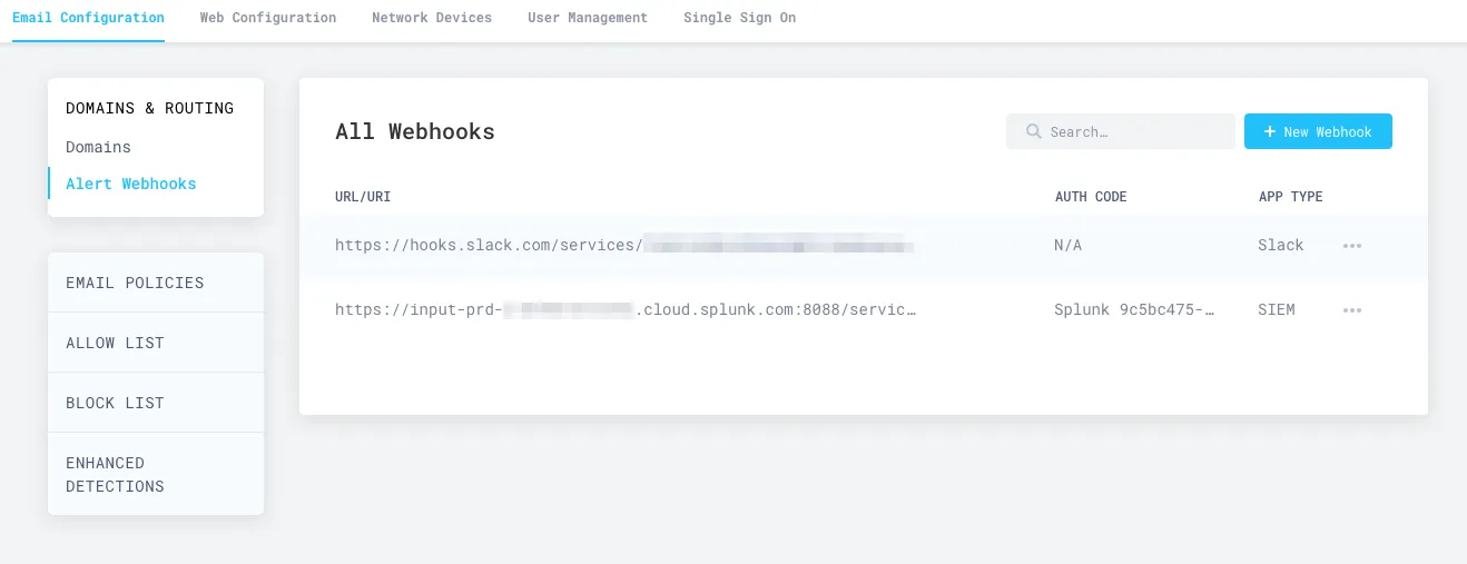 The All Webhooks section will show your Splunk webhook