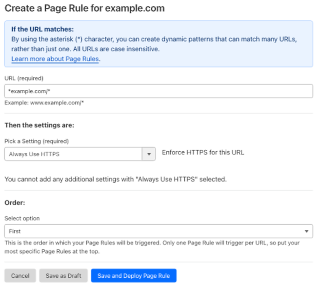 Example Page Rule with &lsquo;Always Use HTTPS&rsquo; setting