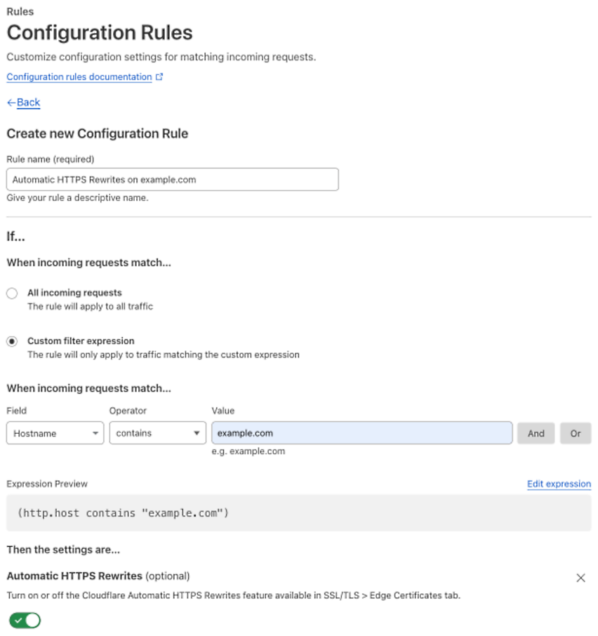 Configuration rule matching the &lsquo;Automatic HTTPS Rewrites&rsquo; setting of the example Page Rule
