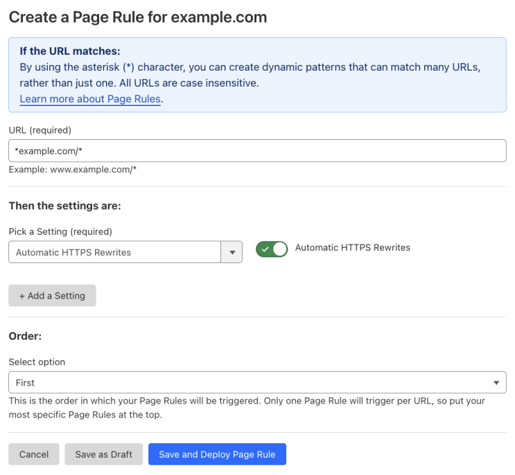 Example Page Rule with &lsquo;Automatic HTTPS Rewrites&rsquo; setting