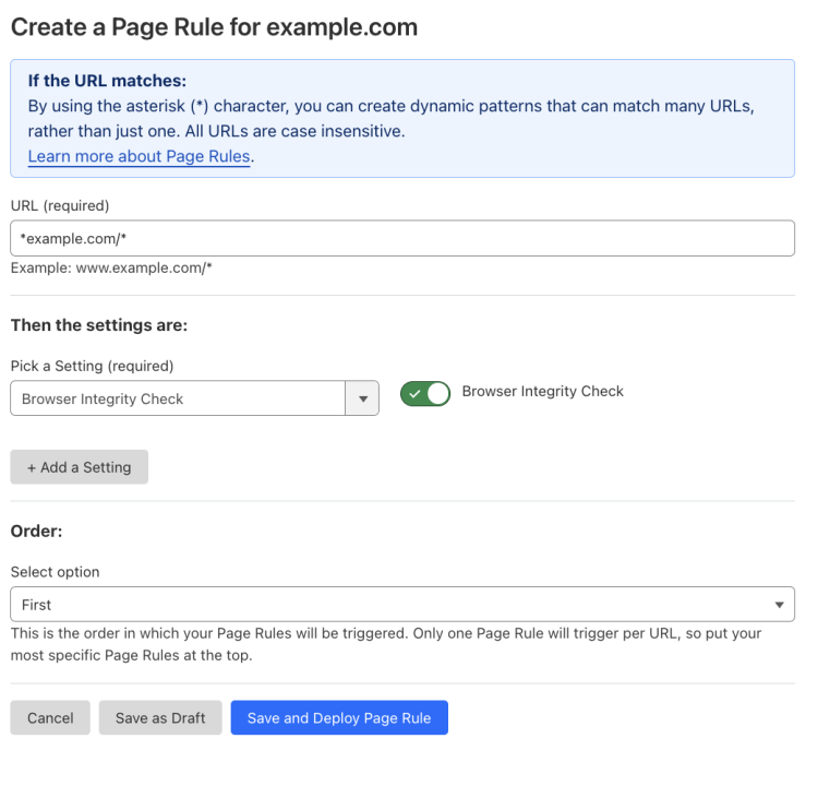Example Page Rule with &lsquo;Browser Integrity Check&rsquo; setting