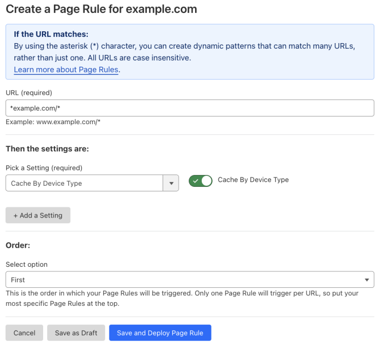 Example Page Rule with &lsquo;Cache By Device Type&rsquo; setting