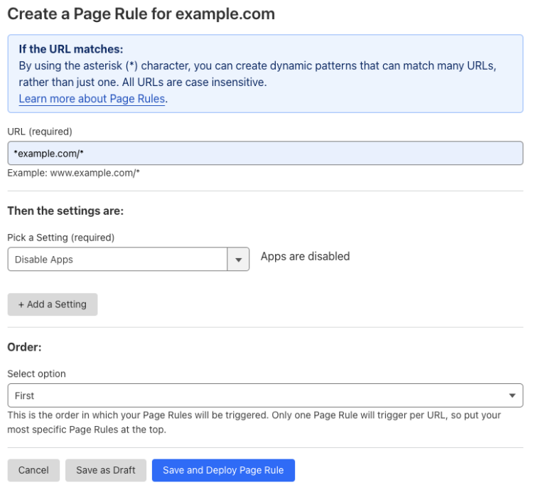 Example Page Rule with &lsquo;Disable Apps&rsquo; setting
