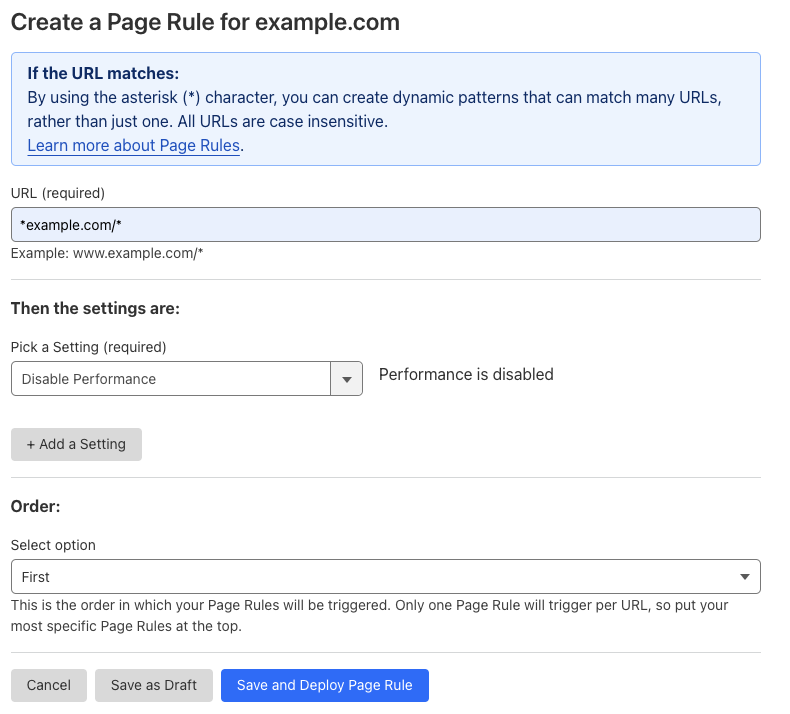 Example Page Rule with &lsquo;Disable Performance&rsquo; setting
