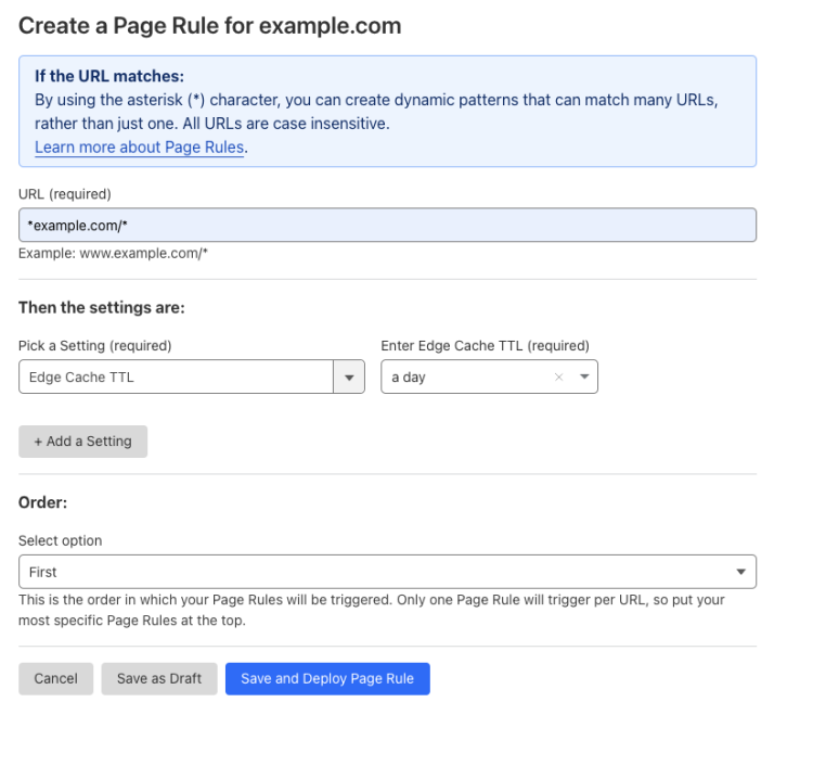 Example Page Rule with the &lsquo;Edge Cache TTL&rsquo; setting