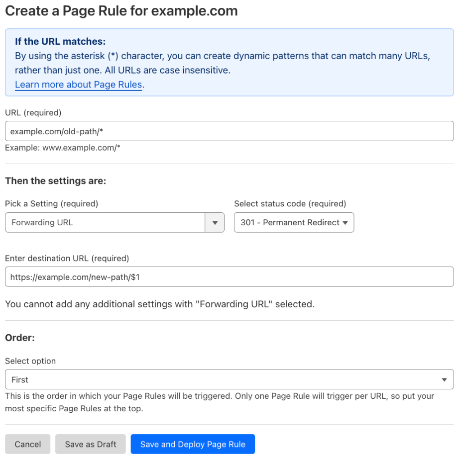 Example Page Rule #2 with &lsquo;Forwarding URL&rsquo; setting