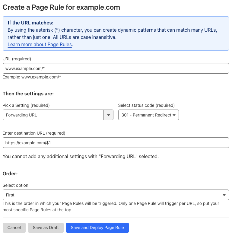 Example Page Rule #1 with &lsquo;Forwarding URL&rsquo; setting