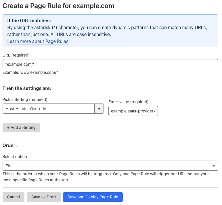 Example Page Rule with &lsquo;Host Header Override&rsquo; setting