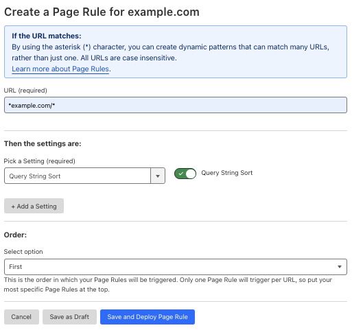 Example Page Rule with &lsquo;Query String Sort&rsquo; setting