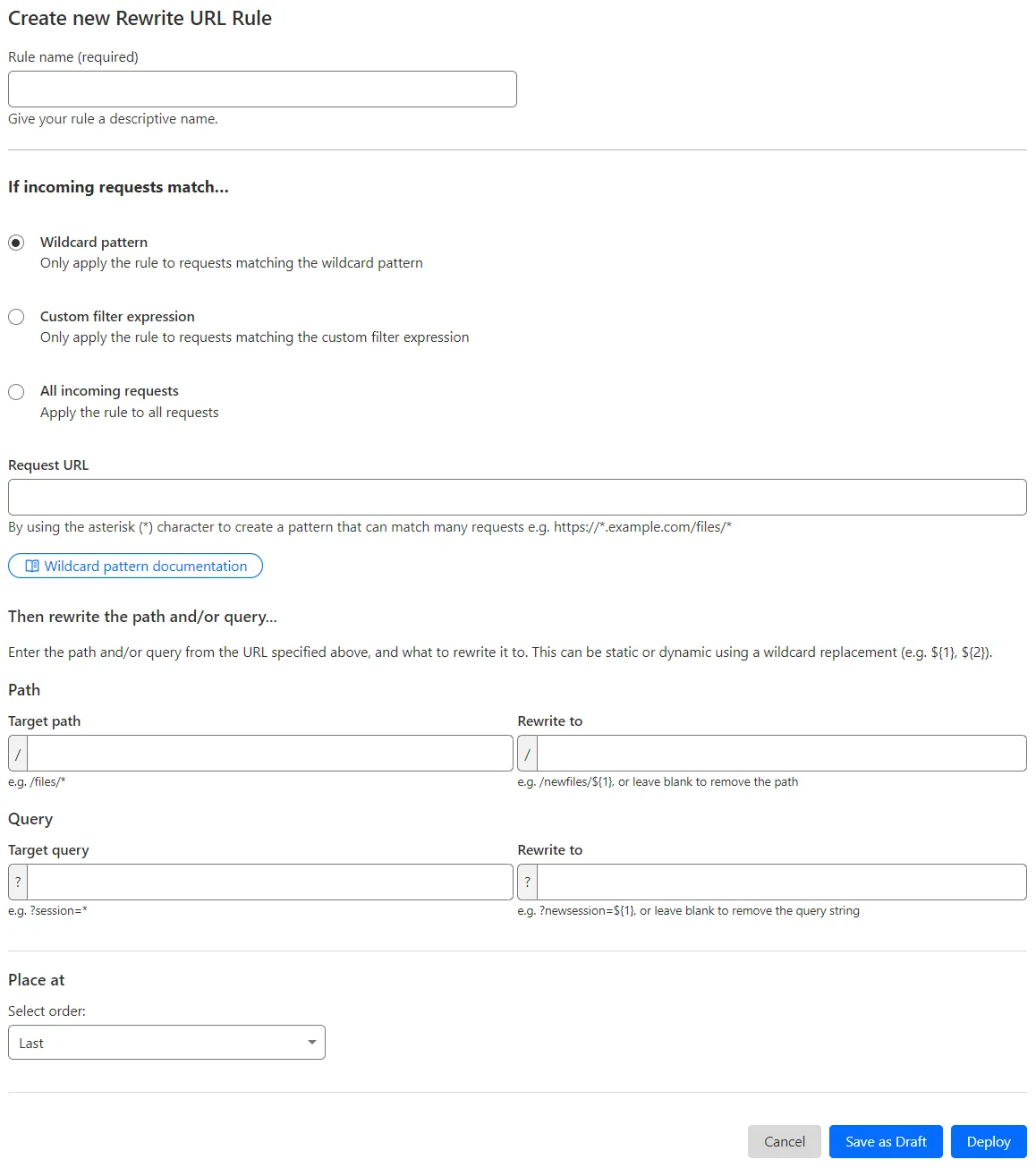 The rewrite URL rule creation page in the Cloudflare dashboard.